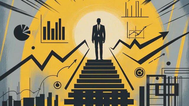 Businessman standing on stairs with financial growth charts and graphs in background