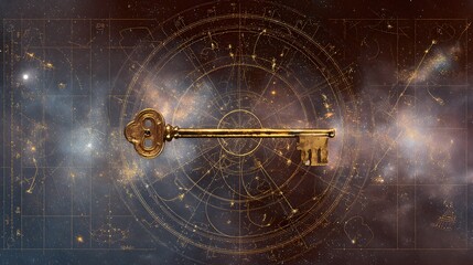 Golden Skeleton Key Floating Over Ancient Astrological Chart and Cosmic Star Map. Key to the Universe. Mystical image of an ancient key in space, overlays of astrological charts