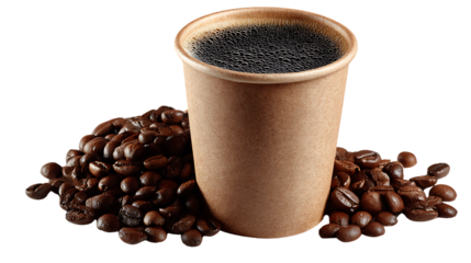 Brown paper cup filled with coffee beans on transparent background with pile