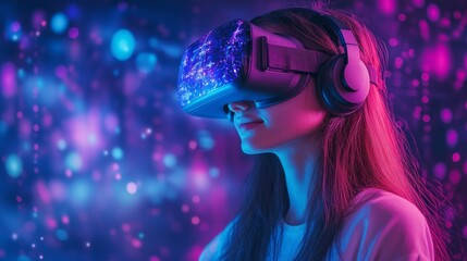 A girl wearing a virtual reality headset and headphones embodies immersion in gaming worlds, creating a dynamic atmospheric backdrop for advertising entertainment technologies.