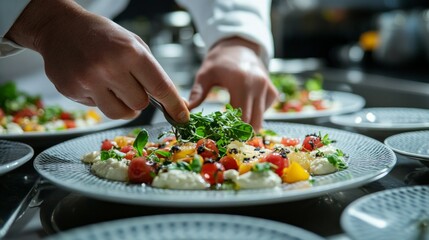 The chef carefully decorates the dish with bright vegetables and herbs, emphasising the sophistication of culinary art, which is ideal as an atmospheric backdrop 