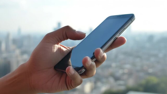Hand holding smartphone with cityscape background urban technology mobile device usage digital
