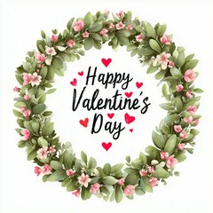 A decorative circular wreath composed of green leaves and soft pink flowers, interwoven with small red heart icons. In the center, the phrase Happy Valentine's Day is written in a custom stylized font
