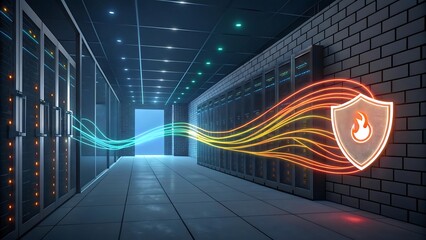 Cybersecurity concept with a glowing firewall shield protecting a modern server room data center.