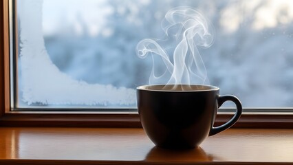 A steaming hot cup of coffee sits on a wooden windowsill with a snowy winter scene outside