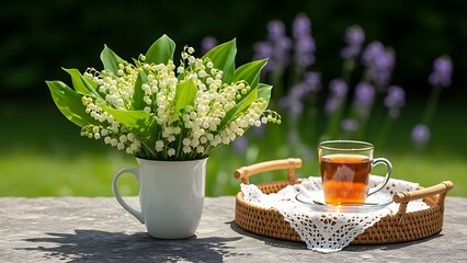 Beautiful lily of the valley flowers and tea on a table