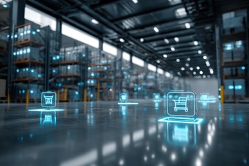 Futuristic warehouse showcasing glowing digital inventory management icons in a modern storage facility
