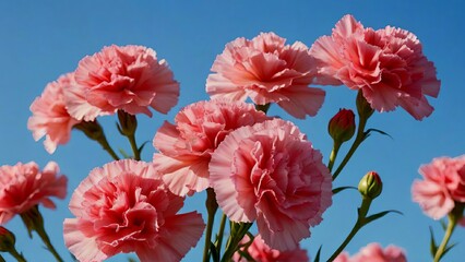 Soft Pink Carnations Against Clear Blue Sky. Generative AI. 