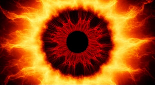 Fiery eye with flames forming pupil isolated on green background for power vision concept
