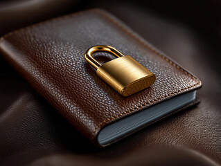 Brown notebook with a golden lock resting on a dark surface