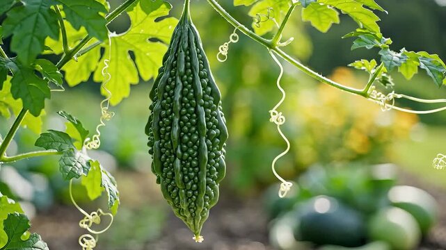 Closeup of a vibrant green bitter gourd hanging from its vine in a sunny garden.
