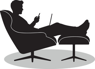 Silhouette man relaxing in chair using smartphone minimalist lifestyle illustration on white background
