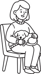 Bold line cartoon woman sitting with loyal dog on lap minimalist pet companionship illustration on white background