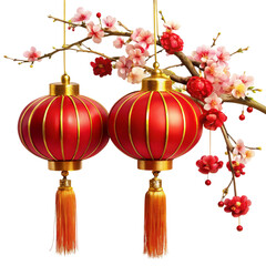 Two realistic red and gold chinese lanterns hanging beside blooming sakura tree branches