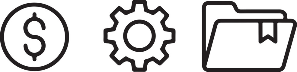 Bold line drawing business icons dollar sign settings document folder bookmark financial organization concept illustration