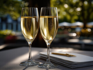 Two sparkling drinks on a table by a notepad in the garden