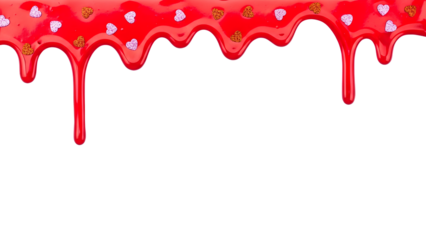 Red dripping slime liquid with heart shaped glitter confetti PNG. Glossy viscous paint texture border. Valentine day love symbol decoration element with wet drops isolated
