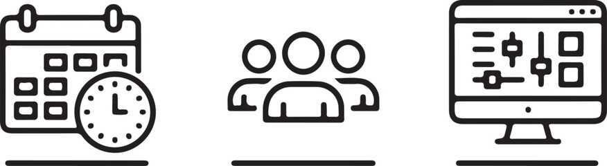 Bold line drawing business icons calendar clock people computer control panel productivity management concept illustration