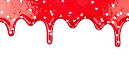 Sparkling red liquid dripping with silver hearts PNG. Glossy slime texture with glitter. Valentine day creative paint drip border for design layout isolated