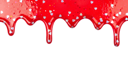 Sparkling red liquid dripping with silver hearts PNG. Glossy slime texture with glitter. Valentine day creative paint drip border for design layout isolated