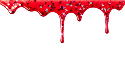 Deep red dripping paint with colorful heart confetti PNG. Viscous liquid slime texture with bubbles. Grunge valentine day border overlay element isolated