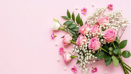Beautiful pink roses and baby's breath on pink background
