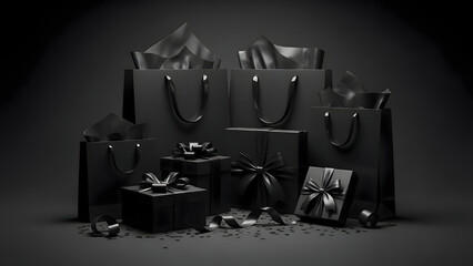 A collection of black gift boxes and bags on a dark background with ribbons and bows