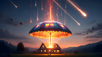 A surreal scene with a colorful umbrella over a house during a meteor shower at sunset