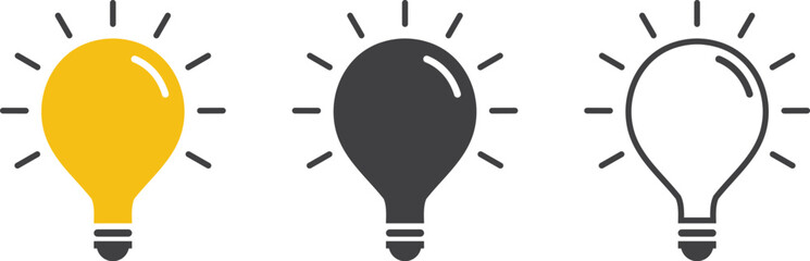 Simple black and white light bulb set icons isolated on white background | Creative idea and innovation symbol represented by a minimalist light bulb icon | Minimalist line art light bulb icon 