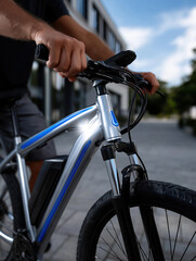 Person rides mountain bike on urban street in daylight