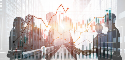 Business professionals discuss strategies in a modern office setting, visualizing financial data and trends against a dynamic cityscape, representing growth and collaboration. Scalp