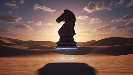A large chess knight piece standing alone in a desert landscape at sunset with shadows and hills
