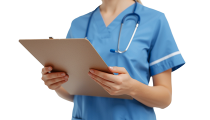 A nurse in blue scrubs holding a clipboard on transparent background
