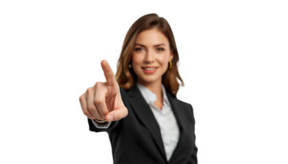 A smiling businesswoman pointing her finger on transparent background