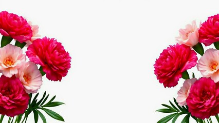Symmetrical magenta peony & blush lisianthus floral border on white background. Generative AI. 