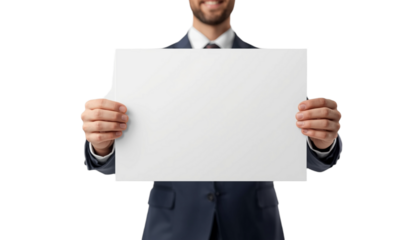 A man in a business suit holding a blank white sign on transparent background