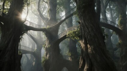Fototapeta premium Sunlight filtering through a dense, mystical forest with ancient trees and ethereal mist.