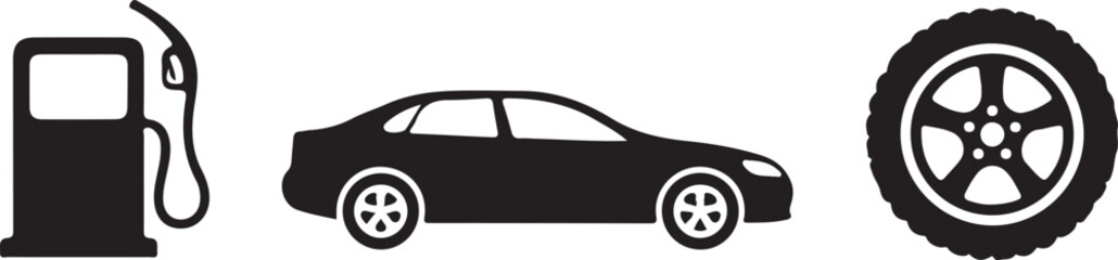 Silhouette business icons gas nozzle car wheel transportation energy concept illustration