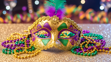 Mardi gras mask with beads on a glittery surface for carnival party