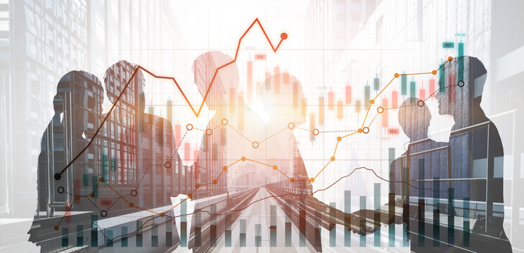 Business professionals discuss strategies in a modern office setting, visualizing financial data and trends against a dynamic cityscape, representing growth and collaboration. Scalp - Powered by Adobe