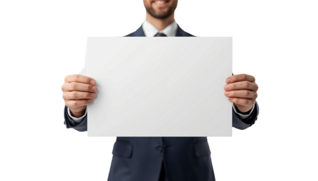 A man in a business suit holding a blank white sign on transparent background - Powered by Adobe