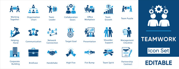 Teamwork and Collaboration solid icon set. Includes symbols for business partnership, leadership, trust, and support. Vector glyph design for corporate strategy and office workflow.
