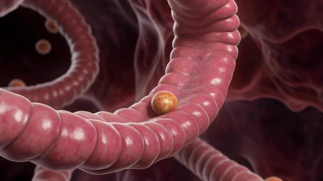3D animation of a small, round object moving through a muscular tube, suggesting a digestive process.