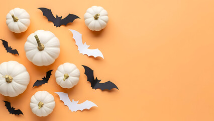 Halloween decorations with white pumpkins and black bats on orange background for spooky season