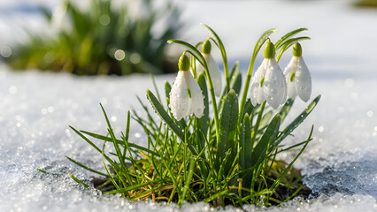 Snowdrops growing through melting snow in early springtime outdoors in natural environment