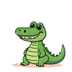 Fototapeta premium A cartoon alligator sitting on a pink surface with a big smile, viewed from the side in a simple illustration style