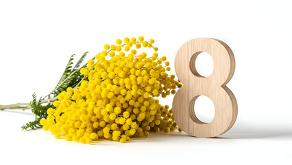 Mimosa flowers and wooden number eight isolated on white background