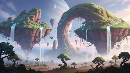 Floating islands with waterfalls and trees in a fantasy landscape with a blue sky and moon