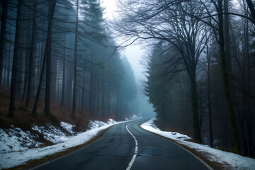 A winding road disappears into a misty cold winter forest landscape