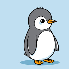 Obraz premium A cartoon penguin stands alone on a light blue background, viewed from the side.